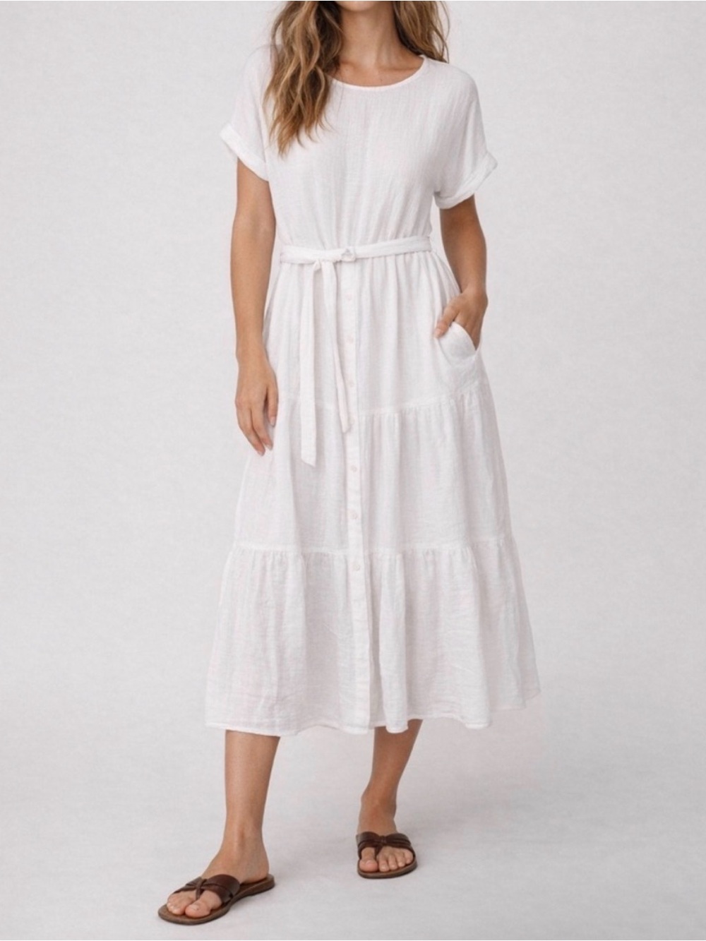 Magaschoni White Tiered Gauzy 100% Organic Cotton Midi Dress Boho Nautical Mod